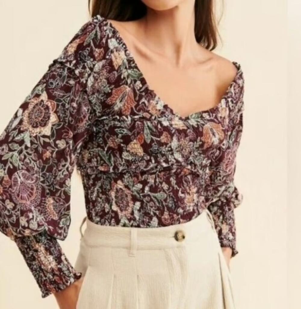 BB Dakota Helena Floral Top Womens Size Medium Bohemian Cottagecore Puffy Sleeve